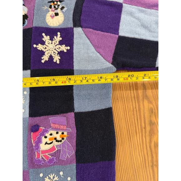 Vintage Ugly Christmas Sweater Zip Up Cardigan Snowman Purple Blue Small - Picture 3 of 7
